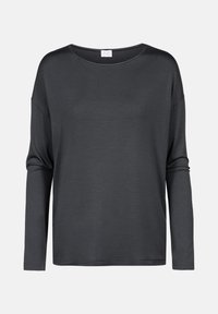 Długi rękaw, miękka tkanina w ciemnoszarym kolorze, szeroki dekolt, luźny krój i lekko opuszczone ramiona. Prosty design bez wzorów.