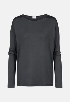 Langarmshirt, weicher dunkelgrauer Stoff, weiter Ausschnitt, lockere Passform und leicht abgesenkte Schultern. Einfaches Design ohne Muster.