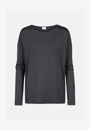 T-shirt à manches longues, en tissu doux gris foncé, encolure large, coupe décontractée et épaules légèrement tombantes. Design simple sans motifs.