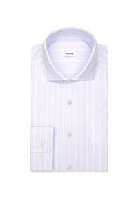 Camicia bianca con strisce verticali azzurre. Presenta un colletto a punta e polsini con bottoni. Realizzata in un tessuto liscio con una texture morbida.