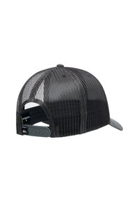 Black mesh back cap with a solid dark gray front. Features a snapback closure and a curved brim. Distinct texture and breathable design.