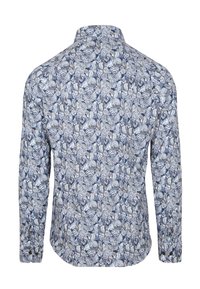 Langarmshirt met een blauw-wit bloemenpatroon, met knopenmanchetten en een klassieke kraag, gezien van de achterkant.