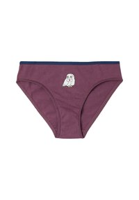 Bikini-Slips aus Baumwollmischung in Burgunderrot mit einem marineblauen Bund. Mit einem gestickten Eulendesign auf der Vorderseite, das ein verspieltes Detail hinzufügt.