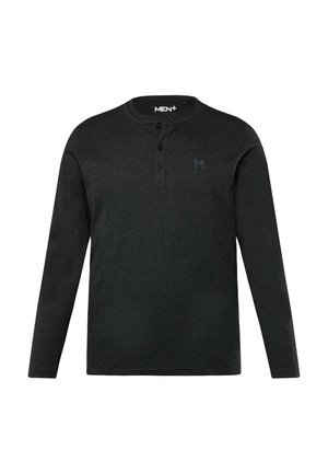 Zwart langekorte henley shirt met een drieknoopsluiting en een subtiele logo op de borst. Gemaakt van zachte, gestructureerde stof.