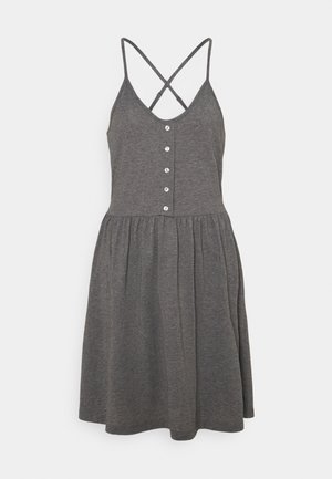 Sleeveless gray dress with crisscross spaghetti straps, button placket on front bodice, and gathered skirt.