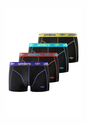 Boxers noirs avec ceintures élastiques colorées en jaune, bleu, rouge et vert, avec des coutures contrastantes et un détail de logo.