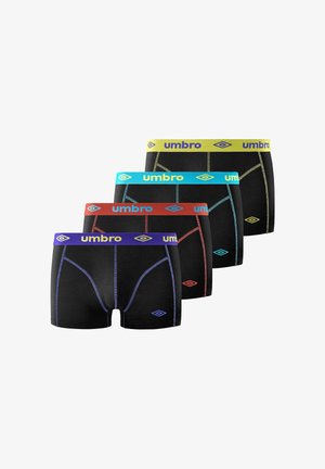 Boxers noirs avec ceintures élastiques colorées en jaune, bleu, rouge et vert, avec des coutures contrastantes et un détail de logo.