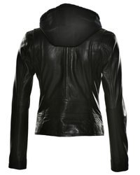 Black leather jacket with a fitted design, hood in contrasting black fabric, curved seams, and smooth texture. Back view only.