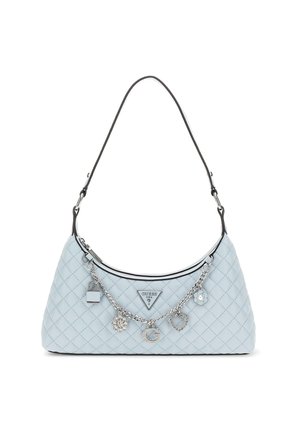 Quilted light blue handbag with a curved shape, silver chain accents, and decorative charms. Black trim and logo detail at the front.