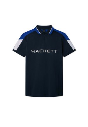 Navy polo skjorte med blå og hvide detaljer, korte ærmer og klassisk krave. Har "HACKETT" logoet tydeligt vist.