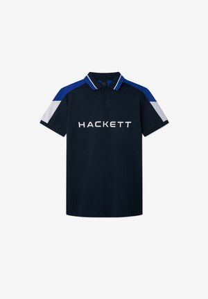 Námořnické polo tričko s modro-bílými akcenty, krátkými rukávy a klasickým límcem. Obsahuje výrazně zobrazené logo "HACKETT".