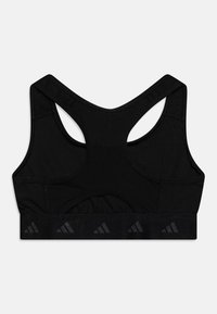 Soutien-gorge de sport noir avec un design dos nageur, des panneaux en maille respirante et une large bande élastique avec un motif de logo répété.