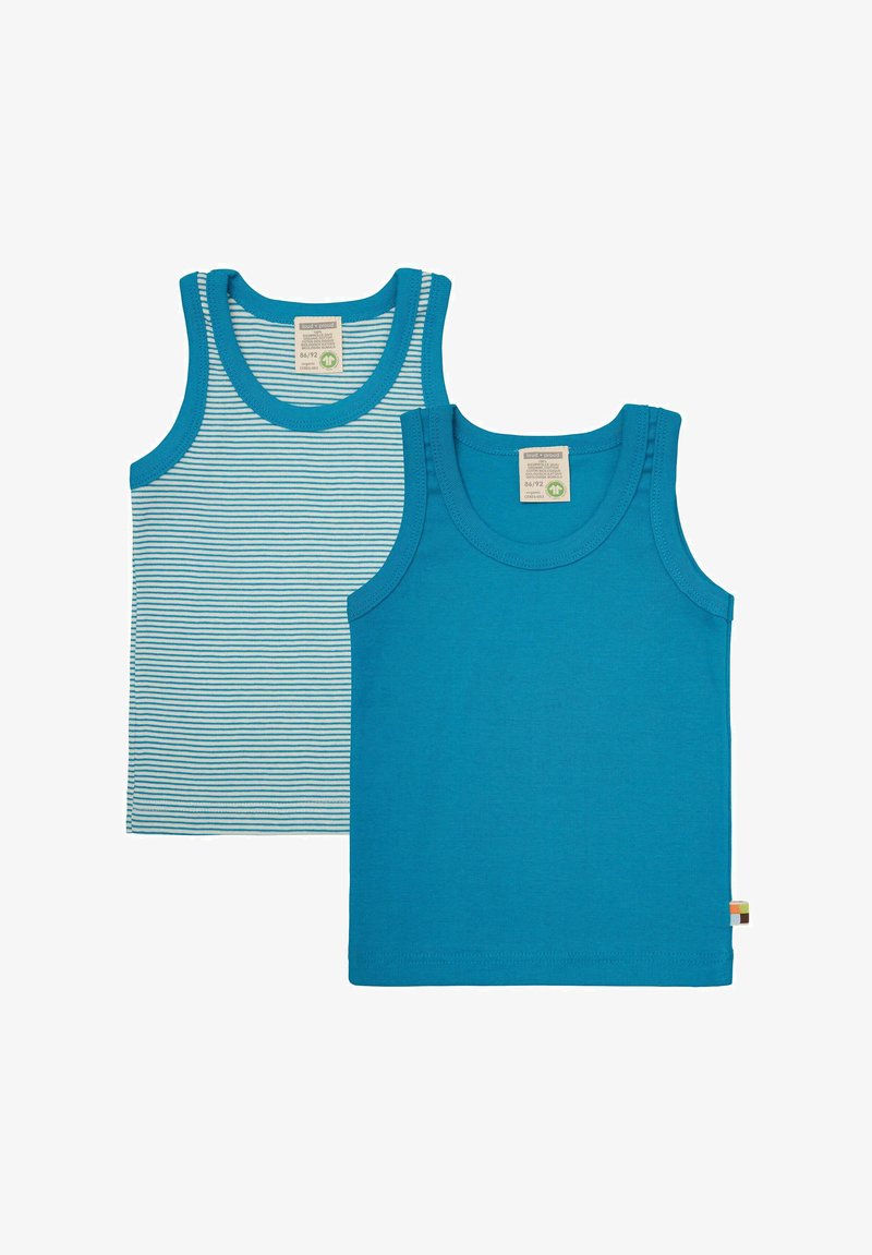Two sleeveless tops: one solid bright blue, the other with light blue and white horizontal stripes. Both have rounded necklines and cotton fabric.