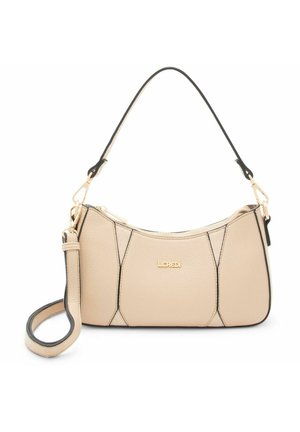 Borsa a mano in pelle beige con finitura testurizzata, dettagli neri, manico superiore e tracolla staccabile. Dettaglio logo dorato sul davanti.