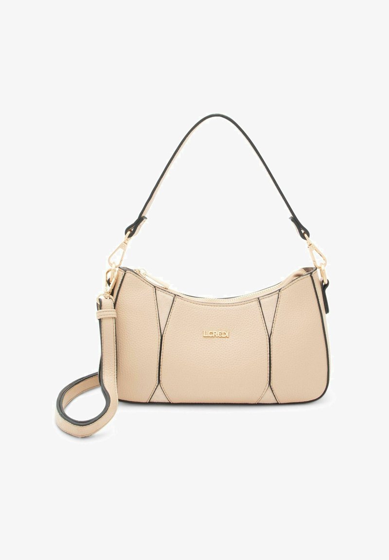 Beige leather handbag with textured finish, black accents, a top handle, and a detachable shoulder strap. Gold logo detail on front.