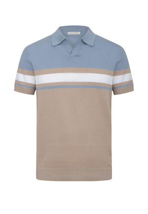 Polo a maniche corte con colletto blu, corpo beige e strisce orizzontali beige, bianche e blu su petto e maniche.