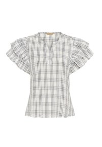 Blouse à carreaux blancs avec manches courtes à volants et décolleté en V, présentant des lignes noires et un subtil motif jaune.