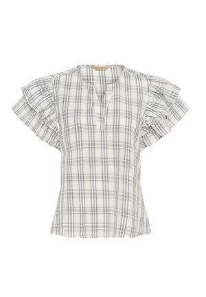 Weiße Bluse mit kariertem Muster, kurzen, gerafften Ärmeln und V-Ausschnitt, mit schwarzen und dezenten gelben Linien im Muster.