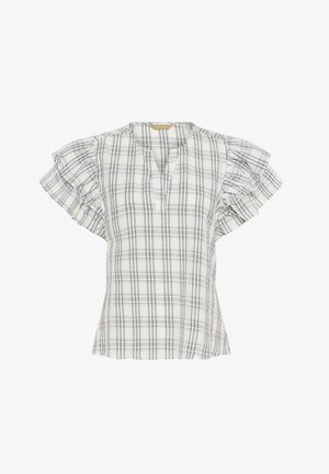 Blouse à carreaux blancs avec manches courtes à volants et décolleté en V, présentant des lignes noires et un subtil motif jaune.