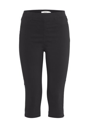 Pantaloni neri a gamba stretta, cropped, con vita elasticizzata e cuciture sui taschini anteriori, lunghezza alla caviglia con piccole fessure laterali.