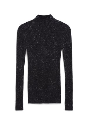 Black ribbed sweater with long sleeves and a mock neck. Features a textured knit with subtle white flecks throughout the fabric.