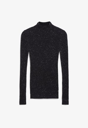 Maglione nero a coste con maniche lunghe e collo alto. Presenta un lavorato a maglia con leggere screziature bianche in tutto il tessuto.