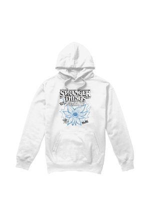 White hooded sweatshirt with "Stranger Things" text and a blue sketch of a Demogorgon flower on the front center.