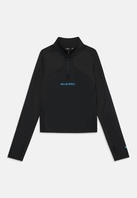 Svart langermet Nike Pro topp med kvart-zip krage, blå logo på brystet og teksturert stoff. Har tettsittende design og sidespalter.