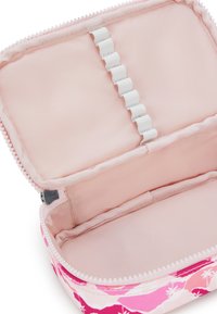 Astuccio con zip in tessuto rosa con motivo floreale. L'interno presenta una fodera liscia e anelli elastici per l'organizzazione.