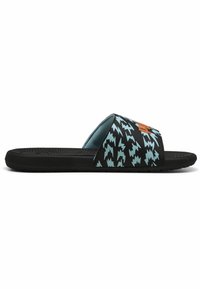 Black slide sandals with a bold blue lightning pattern, textured black sole, and contrasting orange logo on the upper strap.