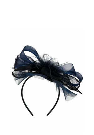 Black headband with layered navy and black mesh loops and feathers forming a decorative, airy floral-like design on top.