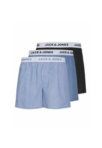Trois paires de boxers Jack & Jones : une rayée bleue, une unie bleue et une noire. Toutes présentent des ceintures élastiques avec des détails portant le logo.