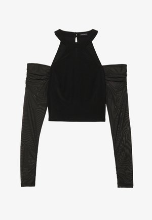 Fekete crop top magas nyakkivágással és nyitott vállakkal. Hosszú, áttetsző hálós ujjak, gyűrt szövet részletekkel. Kulcslyuk záródás a háton.