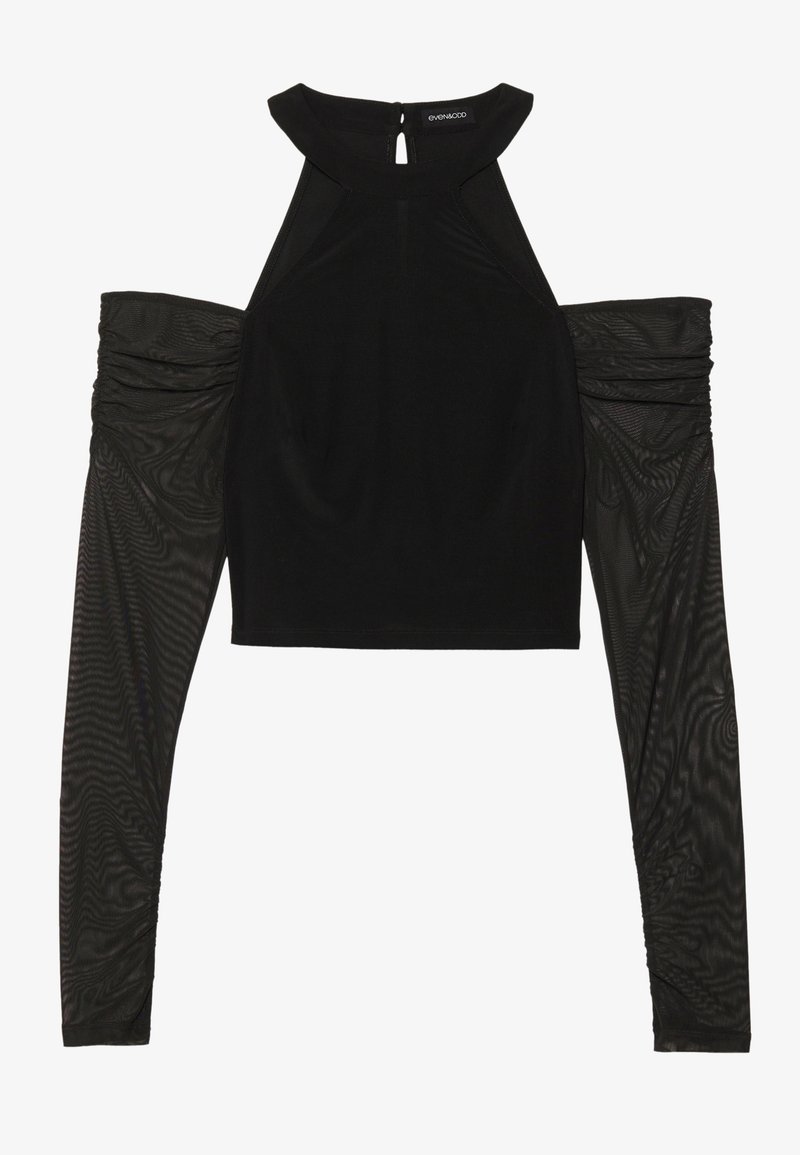 Schwarzes Crop-Top mit hohem Ausschnitt und offenen Schultern. Lange durchsichtige Netzärmel mit gerafftem Stoffdetail. Schlüssellochverschluss im Rücken.