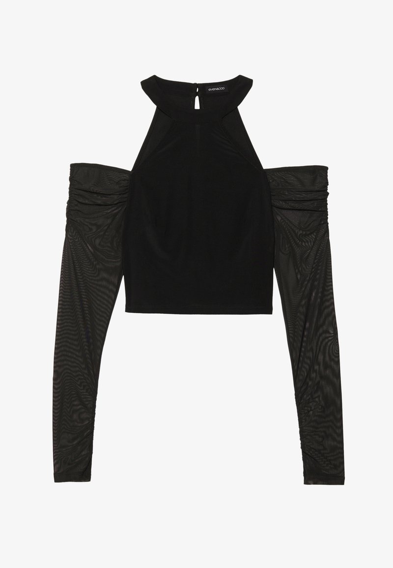 Top court noir avec encolure haute et épaules dénudées. Manches longues en tulle transparent avec détail de tissu froncé. Fermeture au dos avec ouverture en forme de clé.