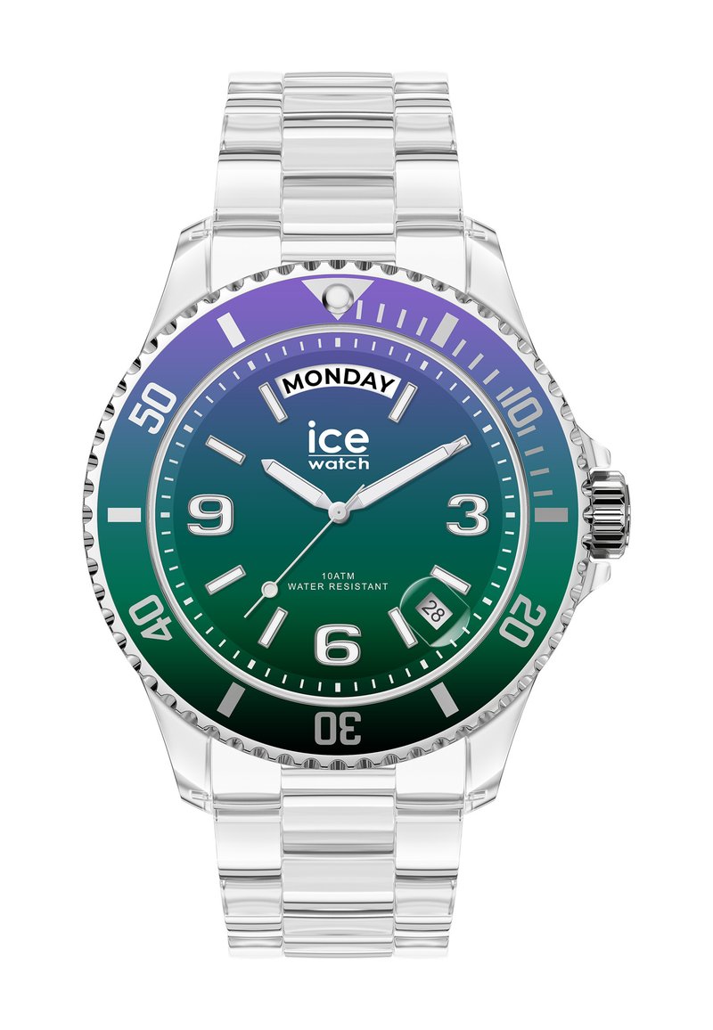 Orologio in acrilico trasparente con quadrante sfumato da verde a viola, grandi numeri bianchi, indicatore del giorno della settimana e cinturino in acciaio inossidabile. Resistente all'acqua fino a 10 ATM.