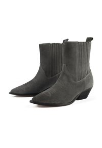 Gray suede ankle boots with pointed toes, prominent stitching details, and vertical ribbing on the shafts. Block heels for stability.