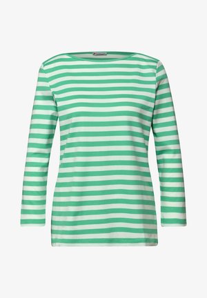 Grön- och vitrandig långärmad topp med båtringning, gjord av mjukt material, med jämna horisontella ränder och avslappnad passform.