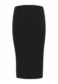Jupe crayon noire à côtes, présentant une silhouette ajustée et une coupe mi-longue. La texture est lisse avec des côtes horizontales pour un intérêt visuel.