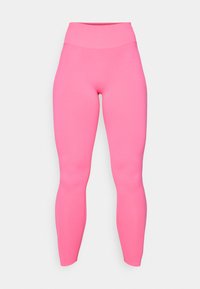 Leggings fucsia a vita alta realizzati in tessuto elasticizzato. Texture liscia, design aderente, lunghezza alla caviglia e senza motivi o accessori visibili.