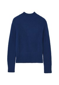 Marineblauer Pullover mit rundem Hals, langen Ärmeln, gerippten Bündchen und Saum. Aus einem weichen, strukturierten Material gefertigt. Klassisches, lässiges Design.