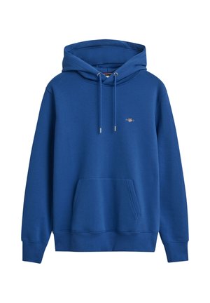 Sudadera azul hecha de tejido suave, con un bolsillo tipo canguro, capucha con cordón, puños acanalados y un pequeño logo bordado en el pecho.