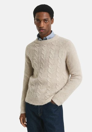 Man in een beige kabelgebreid vest over een blauwe overhemd en donkere jeans, staand met één hand in zijn zak tegen een witte achtergrond.