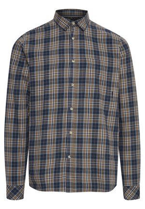 Langermet rutet skjorte i marineblå, brun og lyseblå. Knappeoppstrakt design med krage og brystlomme. Bomullsblanding.
