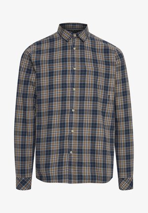 Langermet rutet skjorte i marineblå, brun og lyseblå. Knappeoppstrakt design med krage og brystlomme. Bomullsblanding.