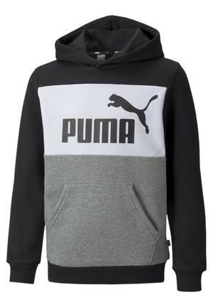 Sweat à capuche Puma noir, blanc et gris avec poche kangourou, manches longues et logo Puma sur la poitrine.