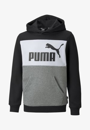 Sweat à capuche Puma noir, blanc et gris avec poche kangourou, manches longues et logo Puma sur la poitrine.