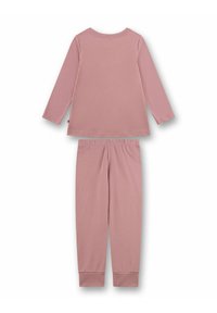 Rosa Baumwolloberteil mit langen Ärmeln und rundem Ausschnitt, kombiniert mit passenden Hosen mit elastischem Bund und Bündchen an den Knöcheln, beide mit einfacher und glatter Textur.