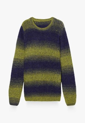Gebreide trui met een gradient van donkerblauwe en olijfgroene strepen. Ronde halslijn en lange mouwen met geribbelde manchetten. Gestructureerde stof.