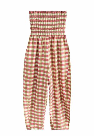 Trägerloser Overall mit elastischem, gerafftem Oberteil, pink-beiges kariertes Muster, weit geschnittene, lose Hosenbeine.